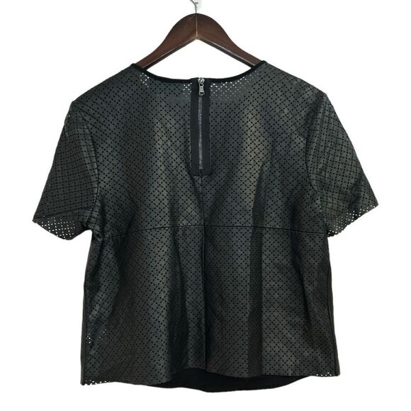 LaPina by David Helwani Valerie Leather Laser Cut Short Sleeve Top, Size Medium - Picture 9 of 11
